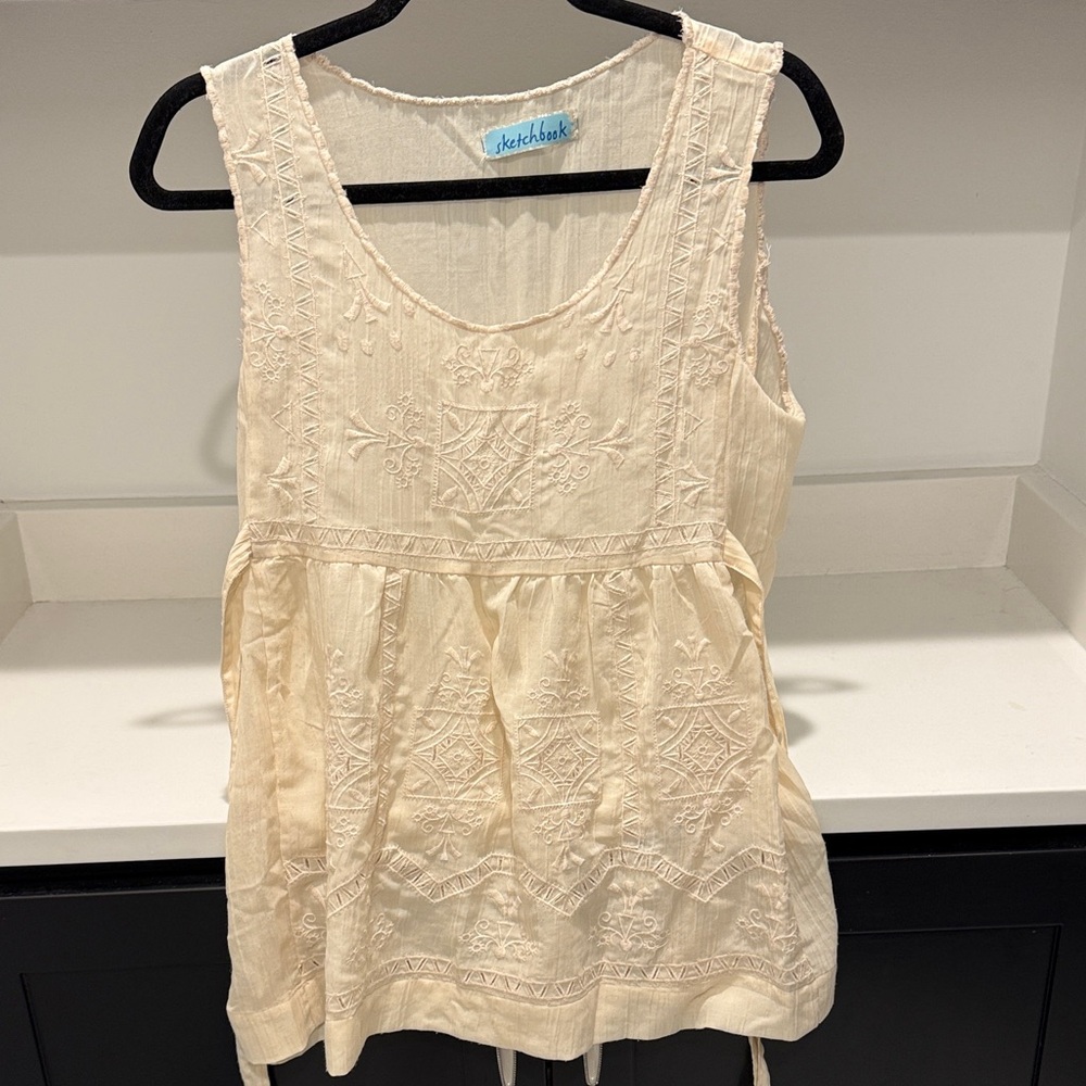 Sketchbook by Anthropologie Cream Embroidered Boho Peplum Top L